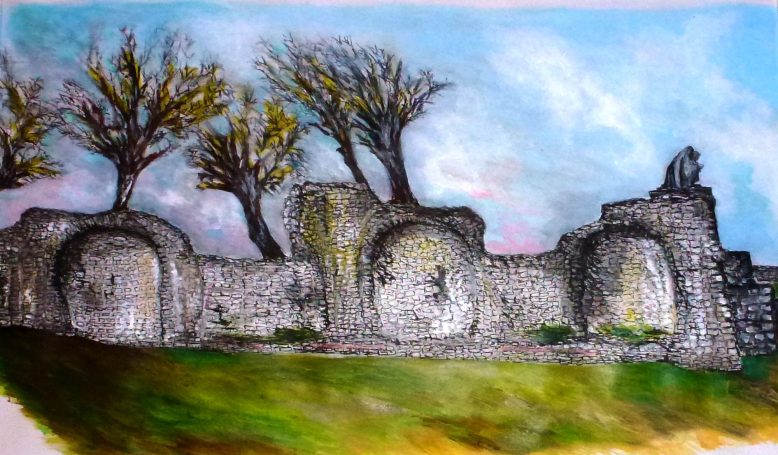 Tableaux de l'ouvrage peints par C. Trébuchet - Acrylique & fusain sur le thème des thermes romains dits de Saint-Saloine.